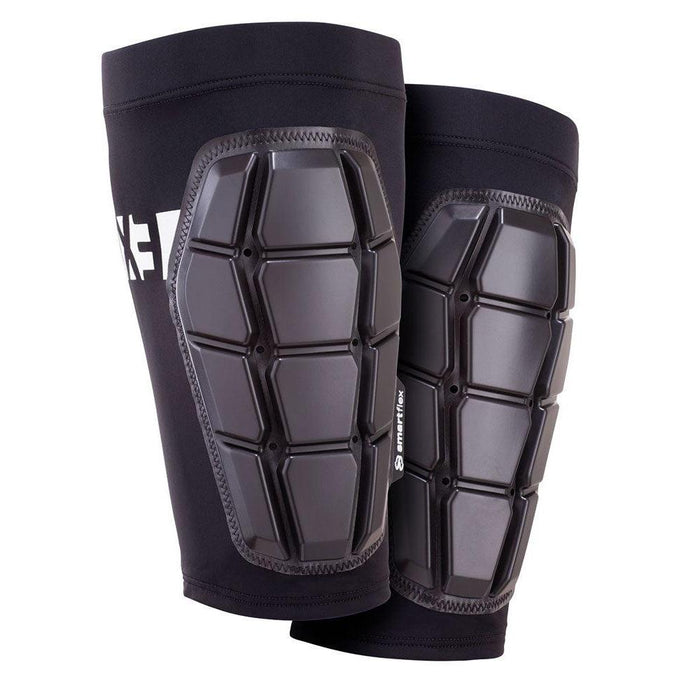 A pair of G-Form Pro-X3 Shin Guards in black, utilizing SmartFlex™ technology with hexagonal protective padding on the front, providing excellent impact protection.