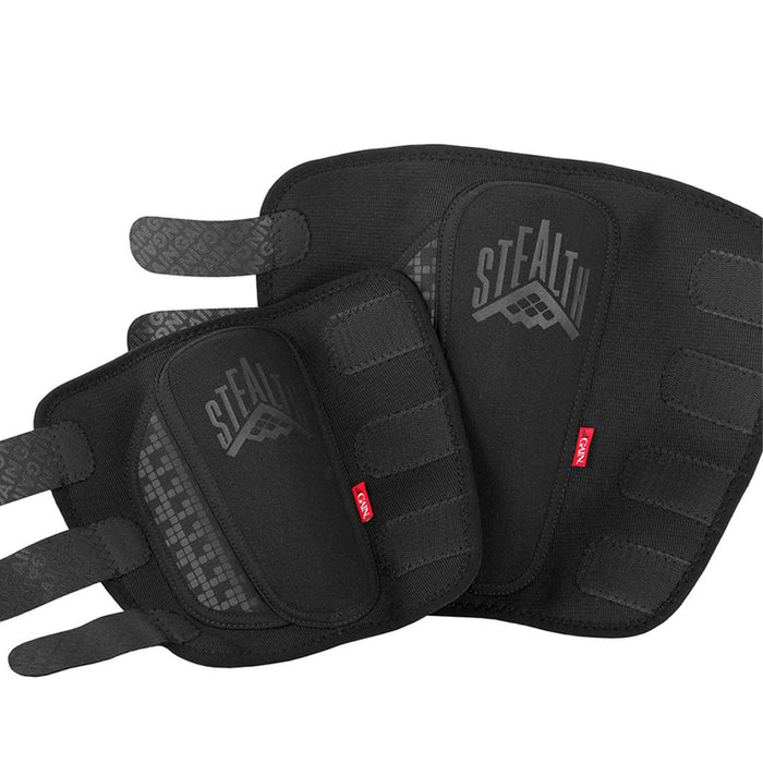 A pair of GAIN STEALTH Shin Guards with duraTec neoprene and Velcro straps, "STEALTH" branding on each, shown in black against a white background.