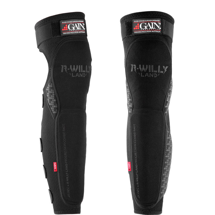 The GAIN x R WILLY LAND "PROGRESSION" V2 Knee/Shin Combo Pads (Pair), designed by Ryan Williams, feature adjustable straps and padding for BMX protection. Shown in black, with both front and side views.