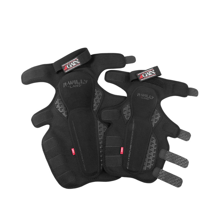 A pair of GAIN x R WILLY LAND "PROGRESSION" V2 Knee/Shin Combo Pads, black with multiple straps and branded labels, displayed side by side on a white background—ideal protective gear for BMX riders.