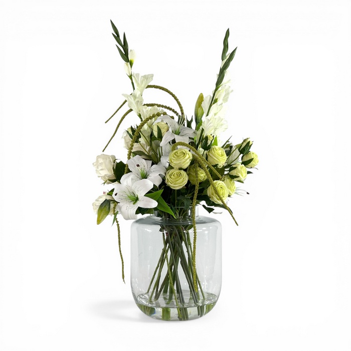 Gladiolus White Roses and Lily Arrangement in Helsinki Vase