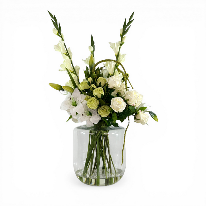 Gladiolus White Roses and Lily Arrangement in Helsinki Vase