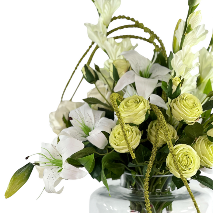 Gladiolus White Roses and Lily Arrangement in Helsinki Vase