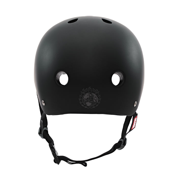 A Goodstock Certified Helmet / Matte Black with ventilation holes, CoolMax liner tech, and an adjustable chin strap, viewed from the front.