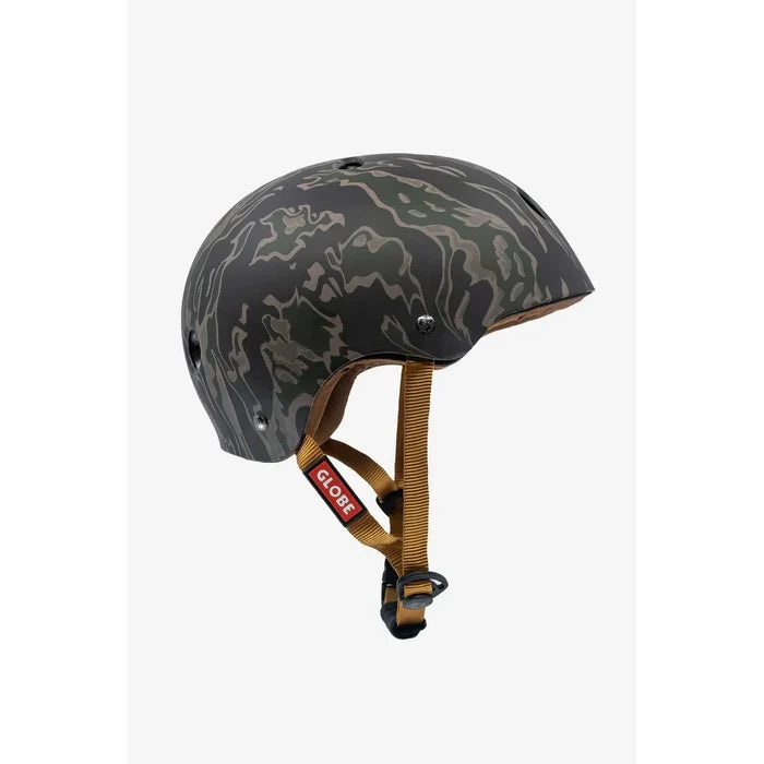 Goodstock Certified Helmet / Tiger Camo with orange adjustable straps and a red and white "GLOBE" label near the buckle on a white background. Features a CoolMax liner for added comfort and high impact protection.