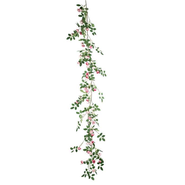A hanging mini rose garland featuring artificial pink plants.
