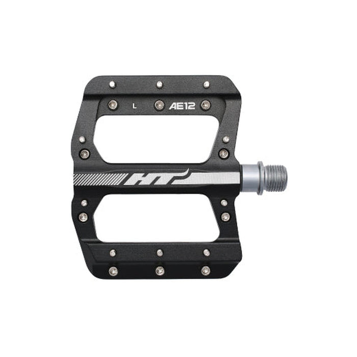The HT AE12 Pedals are expertly crafted from CNC aluminum and feature a flat platform design in black and silver.
