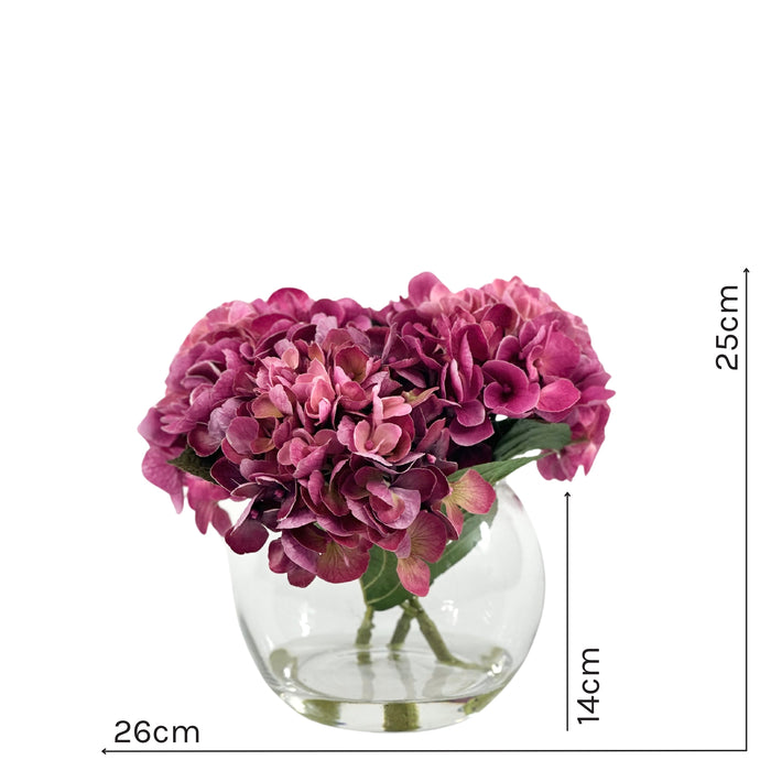 Hydrangea Purple Pink Arrangement in Small Fishbowl Glass Vase