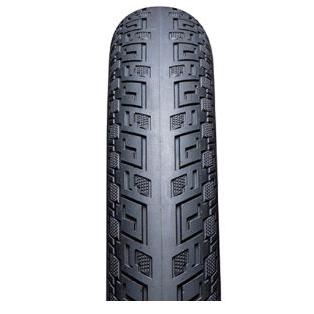 A close-up view of a black IRC Siren Pro Rise 20 Inch Tyre with a patterned tread, highlighting the texture and design of the rubber surface as used by the Speedco Factory Team.