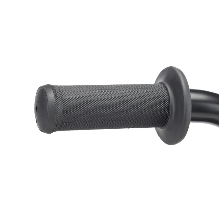 Close-up of a black handlebar grip with a textured surface and flared end on the Kink Roaster 12 Inch Bike (2026), perfect for your child's first BMX bike with secure hold—ideal for bikes featuring a coaster brake.