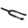 A black BMX bike fork with gold "Kink BMX" branding, the Kink Stoic Fork features an open dropout design and modern geometry.