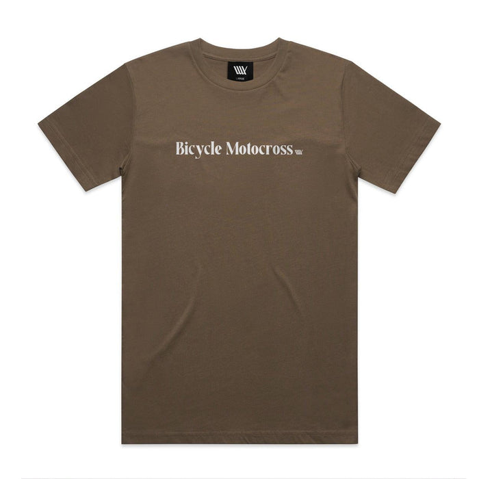 A walnut brown T-shirt with the text "LUXBMX Bicycle Motocross Tee Walnut" printed in white on the front.