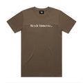 A walnut brown T-shirt with the text "LUXBMX Bicycle Motocross Tee Walnut" printed in white on the front.