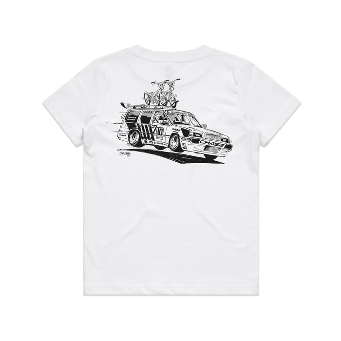 A LUXBMX Izaac X Rico Kids Tee with a hand-drawn print of a car.