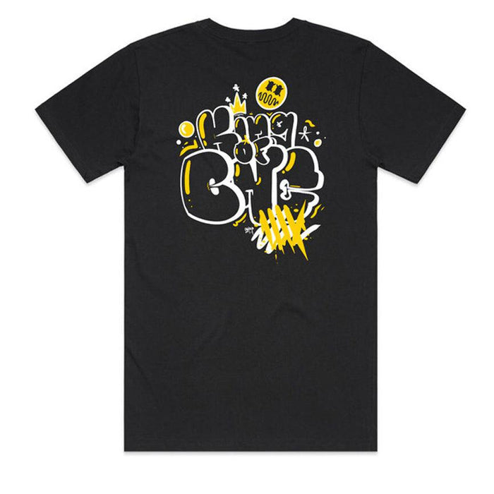 The LUXBMX King Of BNE T-Shirt honors urban street art with a vibrant graffiti-style design, showcasing "KING OF BNE" in eye-catching white and yellow abstract lettering and symbols on the back. It captures the creative spirit of Sean Gardner's dynamic artistry.