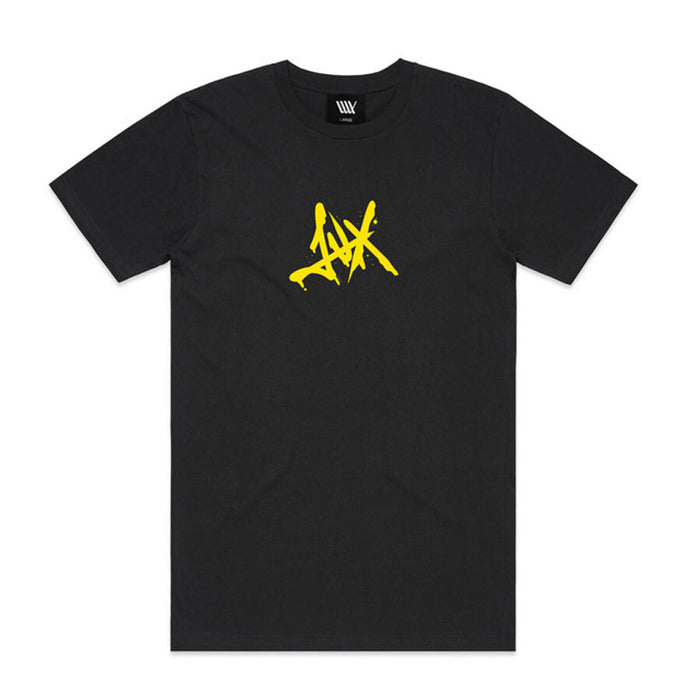 LUXBMX King Of BNE T-Shirt in black, showcasing a bold yellow graffiti-style design centrally placed with a logo featuring crossed lines. This limited edition tee, designed by Sean Gardner and inspired by KING OF BNE, adds a statement piece to any wardrobe.