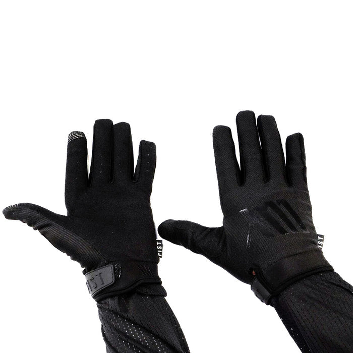 A pair of LUXBMX X FIST Youth Gloves in sleek black with adjustable wrist straps, showcased on a white background.