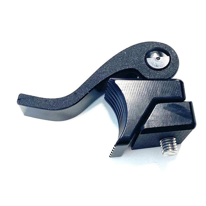 The Meybo HSX Carbon Frame Seat Clamp (2021 - 2023) features a black metal finish, curved lever with a textured grip, and a tightening screw. Perfect for Meybo HSX Expert and Pro frames.