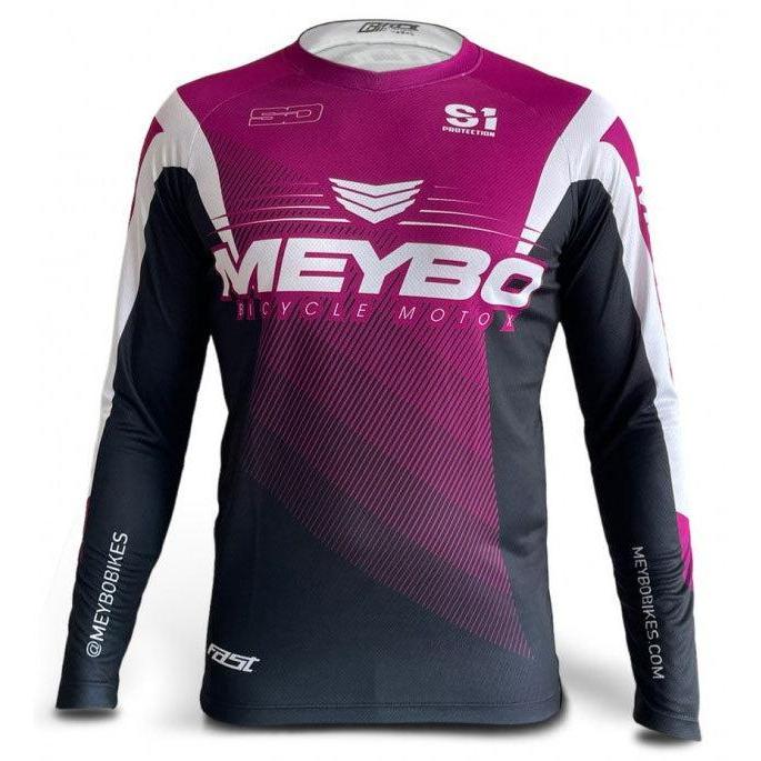 A pink and black long sleeve Meybo V6 Slimfit Race Jersey with the word mebo on it.