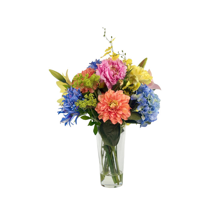 Mixed Agapanthus Peony and Lily Arrangement in a Glass Vase
