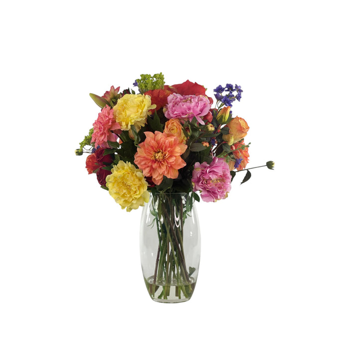Mixed Dahlia Amaryllis and Rose Arrangement in a Glass Vase