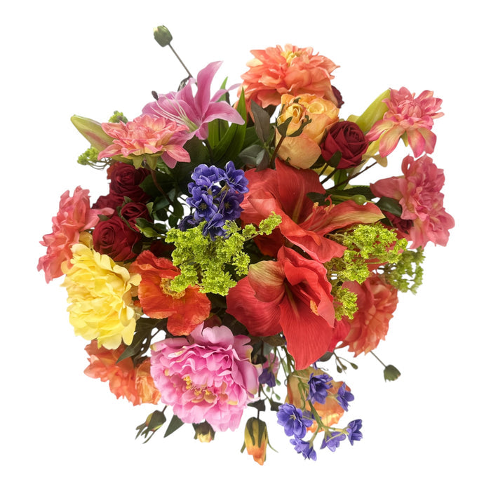 Mixed Dahlia Amaryllis and Rose Arrangement in a Glass Vase