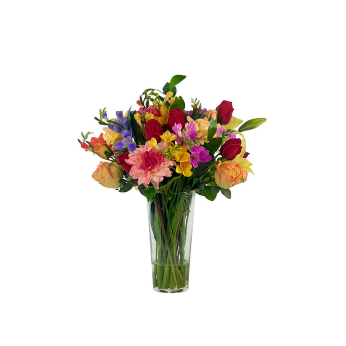 Mixed Freezia Rose and Lily Arrangement in Glass Vase