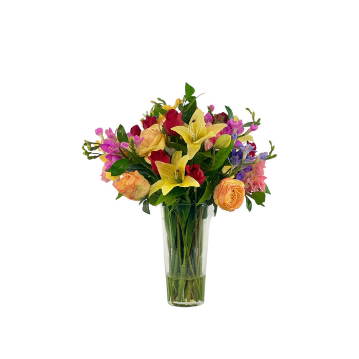 Mixed Freezia Rose and Lily Arrangement in Glass Vase