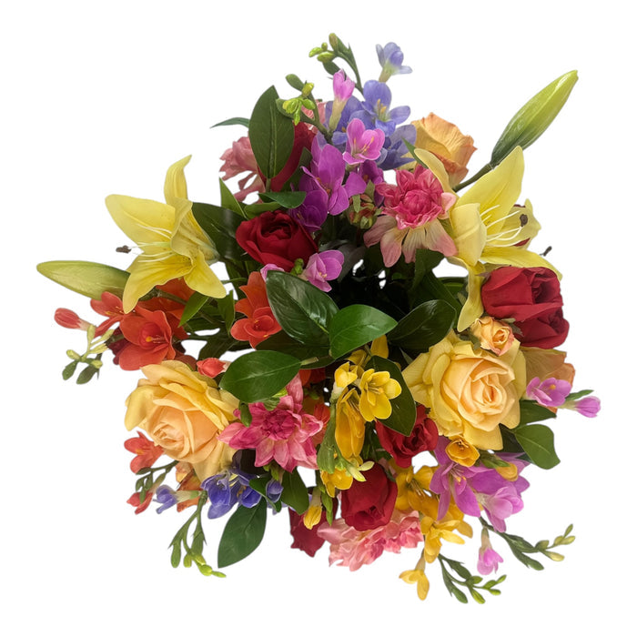 Mixed Freezia Rose and Lily Arrangement in Glass Vase