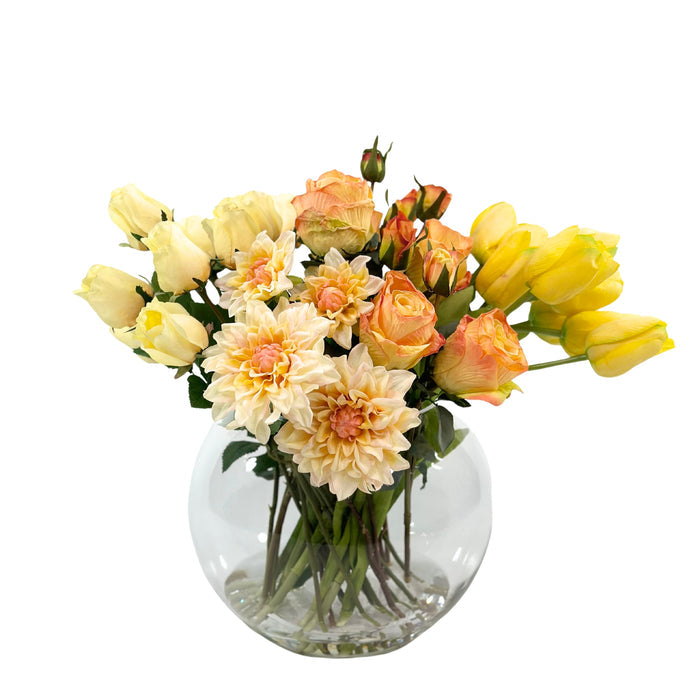 Mixed Peachy Yellow Tulip Dahlia and Rose in Fish Bowl Vase