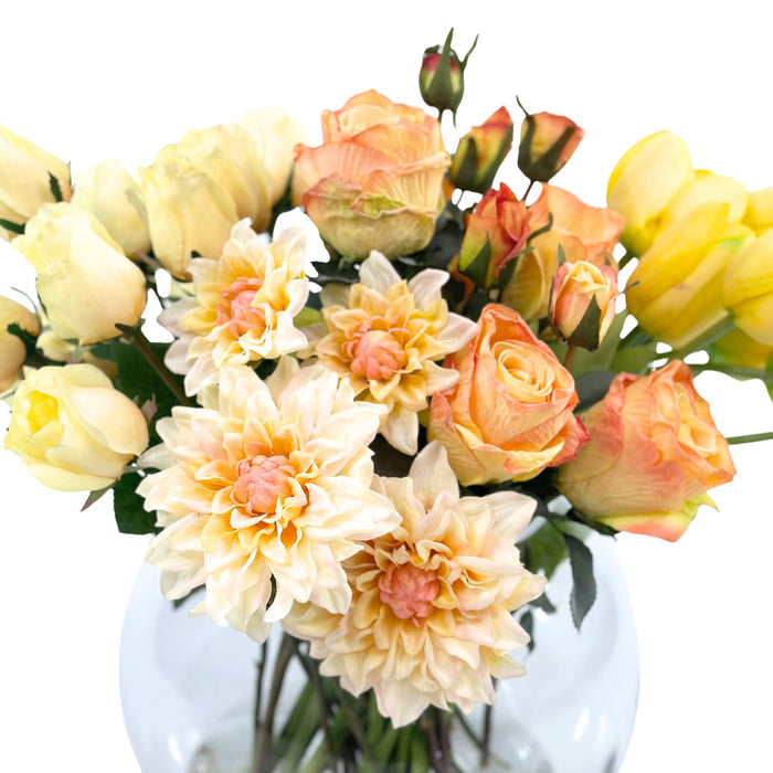 Mixed Peachy Yellow Tulip Dahlia and Rose in Fish Bowl Vase