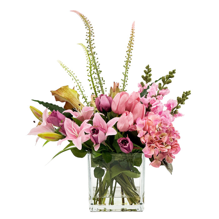 Mixed Pink Hydrangea Snapdragon Tulip Arum and Tiger Lily with Rose