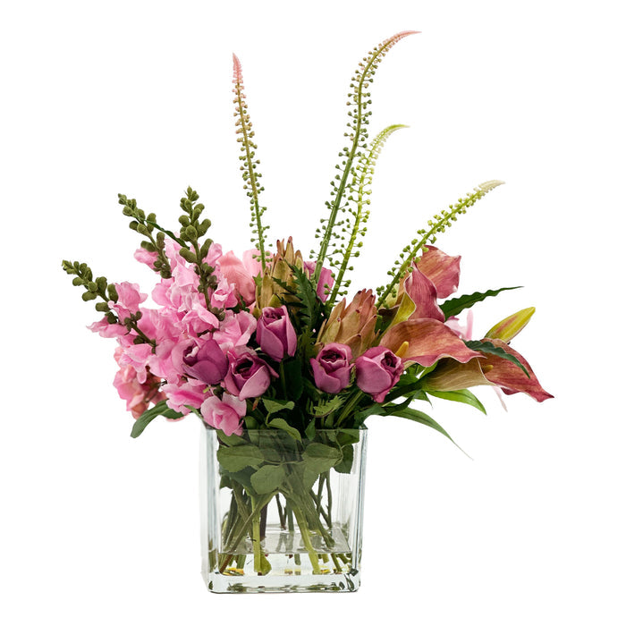Mixed Pink Hydrangea Snapdragon Tulip Arum and Tiger Lily with Rose