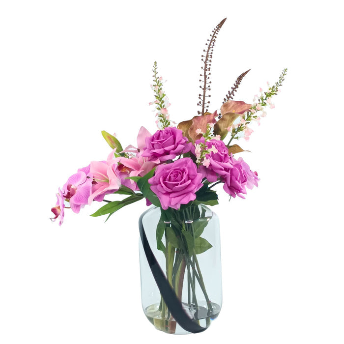 Mixed Purple and Pink Lily Oncidium Rose in Glass Vase