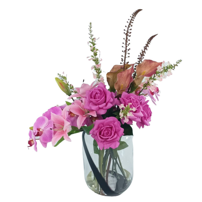 Mixed Purple and Pink Lily Oncidium Rose in Glass Vase