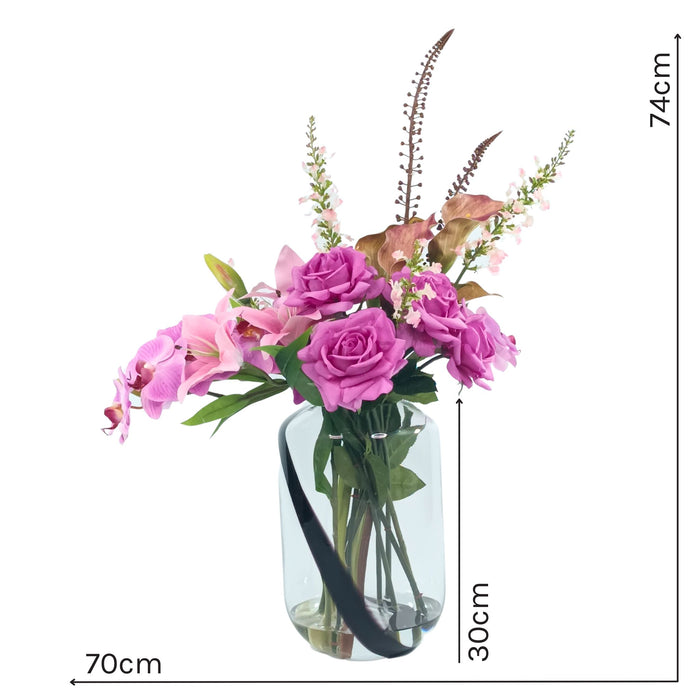 Mixed Purple and Pink Lily Oncidium Rose in Glass Vase