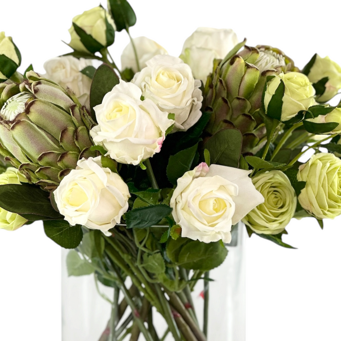 Mixed White and Green Rose and Protea Arrangement in Cylinder Glass Vase