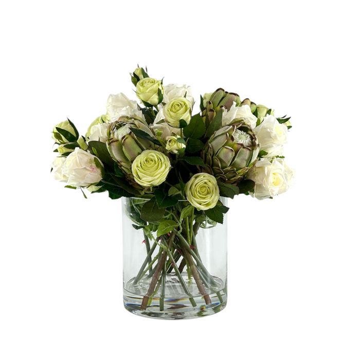 Mixed White and Green Rose and Protea Arrangement in Cylinder Glass Vase