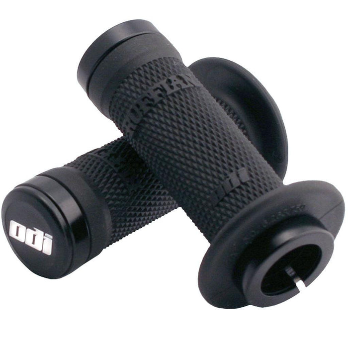 A pair of ODI Ruffian BMX Mini Grips with a diamondized pattern and end caps, isolated on a white background.