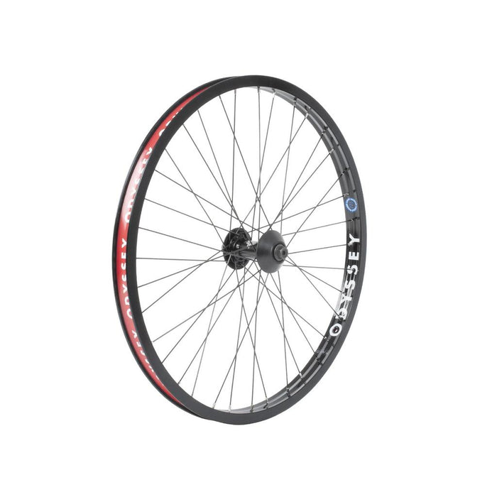 The Odyssey C5/Hazard Front 24 Inch Wheel features a black rim with silver spokes, a central C5 hub with sealed cartridge bearings, and "Odyssey" branding on the Hazard Lite rim.