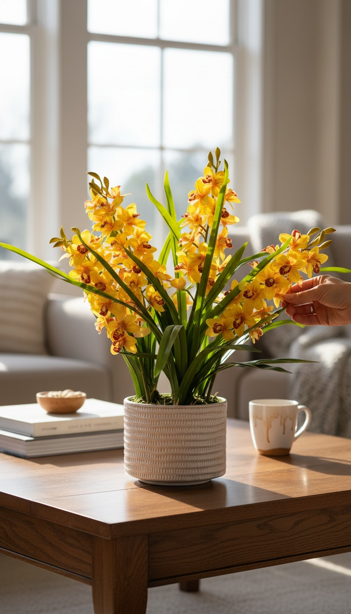 Orchid Cymbidium Yellow in Beige Ceramic
