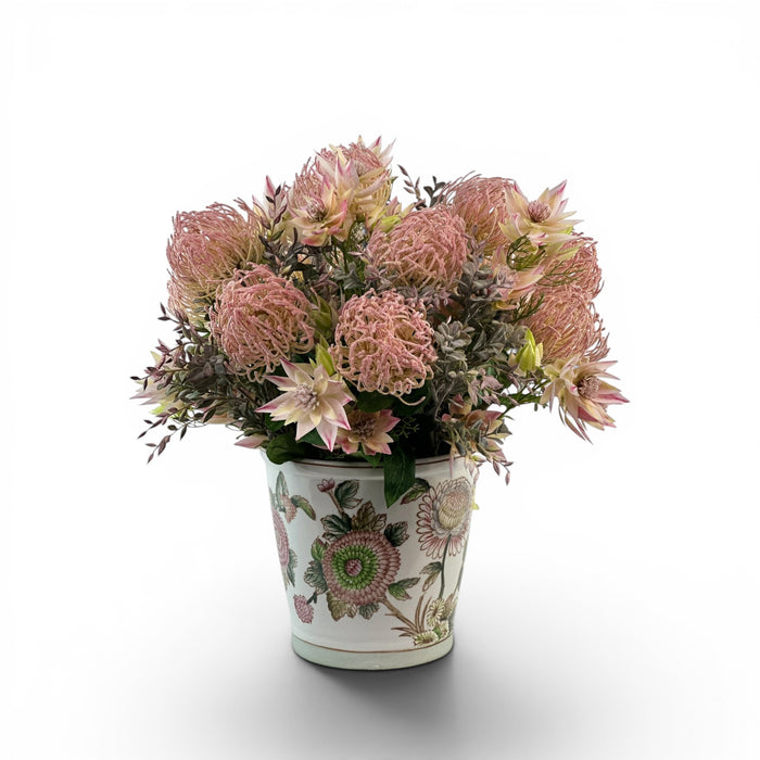 Pincushion Pink and Blushing Bride Protea Arrangement in Planter
