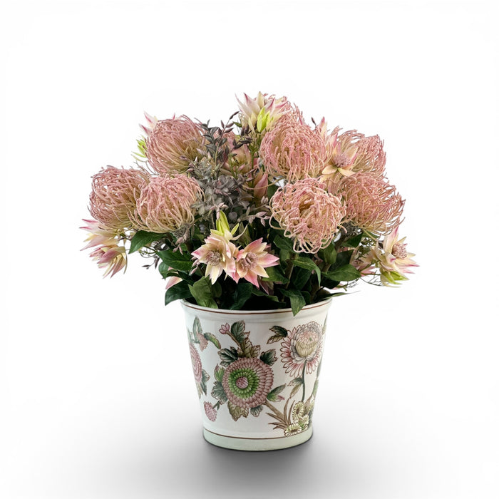 Pincushion Pink and Blushing Bride Protea Arrangement in Planter