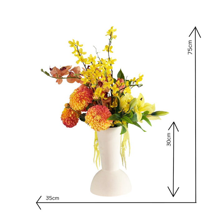 Faux Floral arrangement in a off white vase with dimensions indicated on a white background