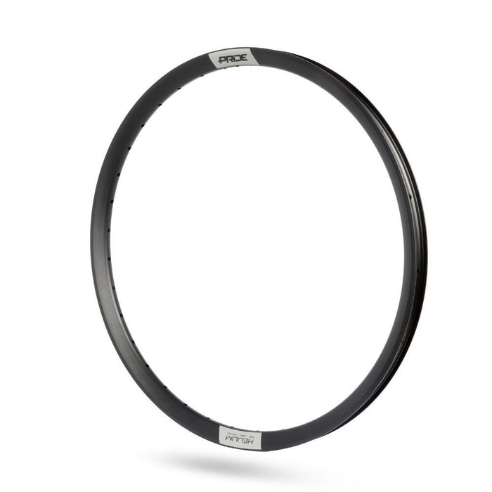 A black PRIDE Helium Brakeless Expert Rim, size 20x1-1/8, with "PRIDE" and "REV30SL" labels, displayed on a white background—perfect for junior race bikes.