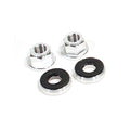 A pair of black Profile 3/8 Axle Nut and Washer Sets on a white background, known as an axle nut set from Profile Racing.