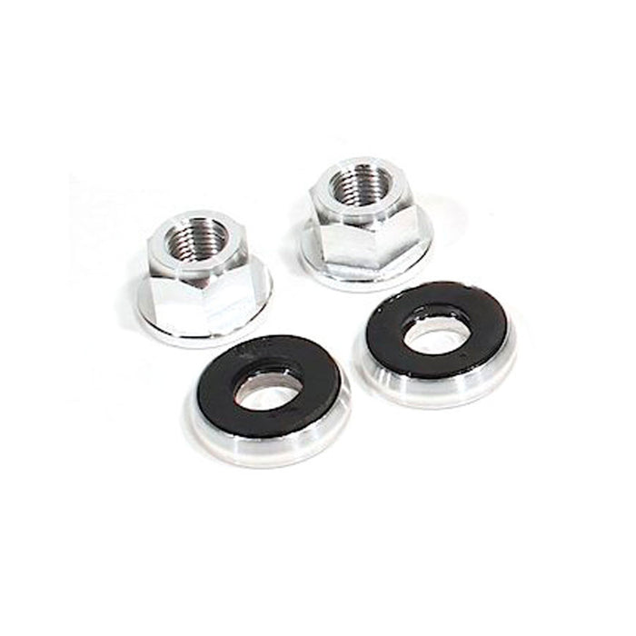 A pair of black Profile 3/8 Axle Nut and Washer Sets on a white background, known as an axle nut set from Profile Racing.