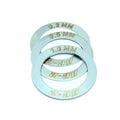 Four metal washers from the PROFILE AC2 HUB SHIM KIT, featuring engraved thickness measurements of 0.3 mm, 0.5 mm, 1.0 mm, and AC-8, are arranged in a slightly overlapping manner.