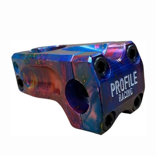 The limited edition Profile Racing Acoustic Stem Galaxy Rust features a multi-colored, metallic finish with a four-bolt clamp and has "PROFILE RACING" engraved on its side.