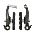 A pair of Promax MV85 Mini V Brake Callipers in black aluminum alloy with brake pads, viewed from the front on a white background. This linear pull setup provides reliable stopping power for your bike.